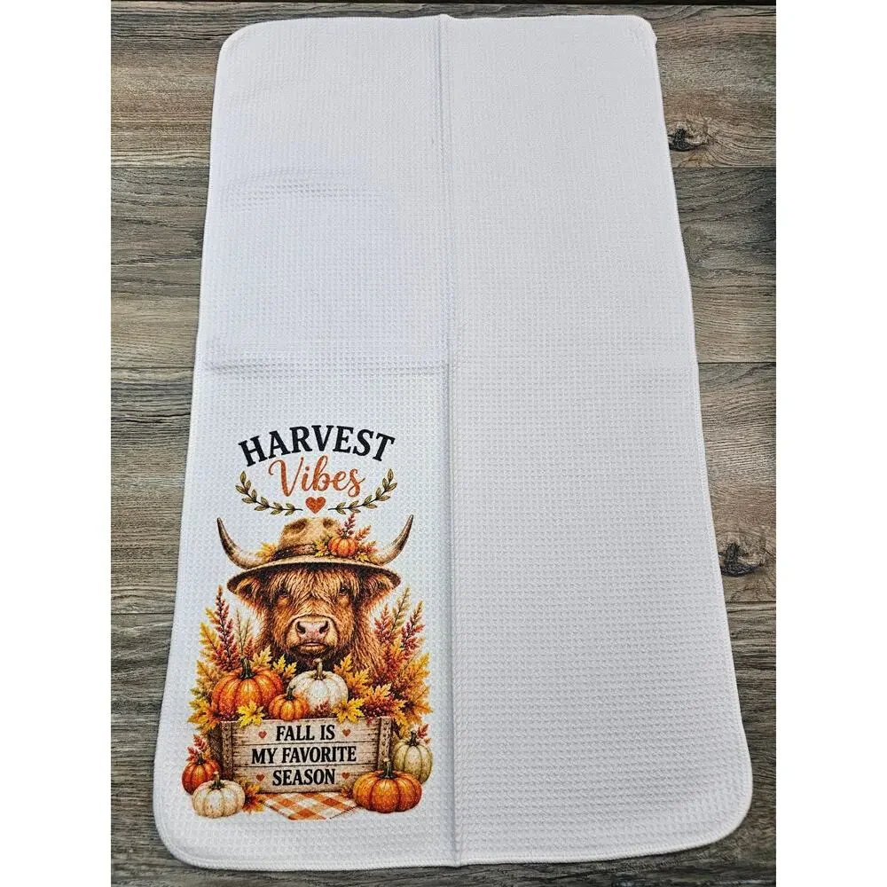 Highland Cow Fall Kitchen Towel Harvest Vibes Pumpkin Farmhouse Decor